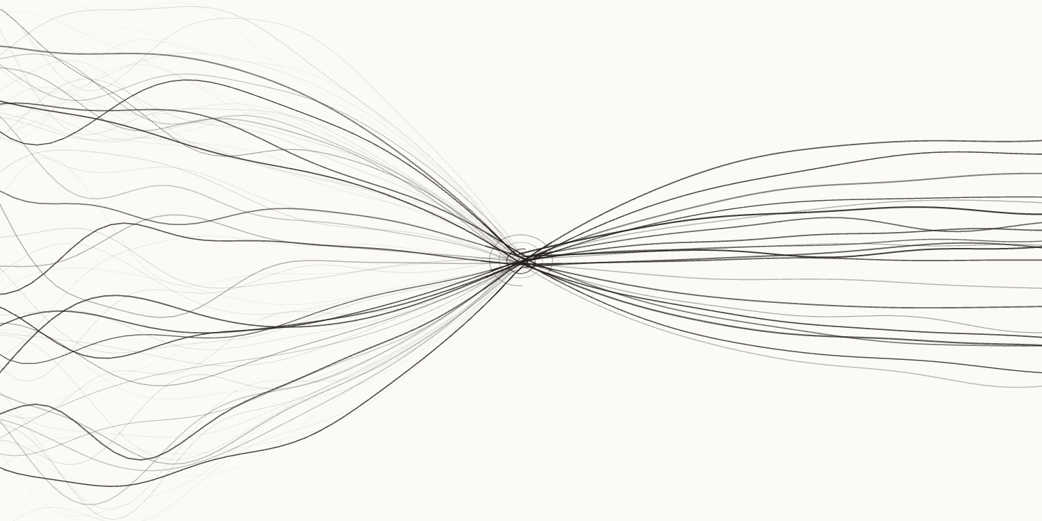 Fine ink lines flowing in from the left, converging through a single knot, and emerging clean to the right